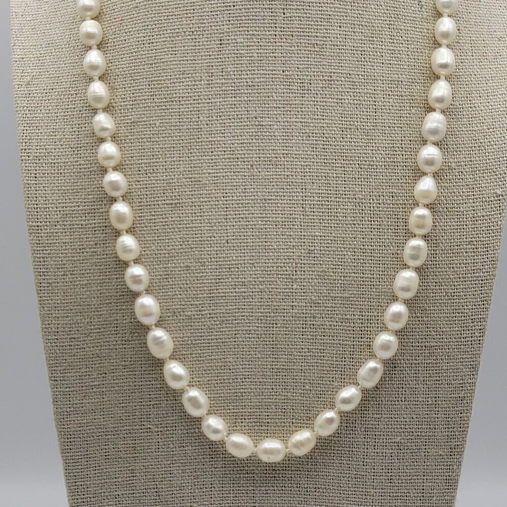 Fine Sterling Silver White Baroque Pearl Beaded Necklace Hand Knotted 20.5 Inch